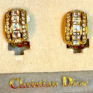 Vintage DIOR clip on Earrings white crystal and gold tones